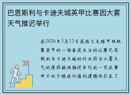 巴恩斯利与卡迪夫城英甲比赛因大雾天气推迟举行